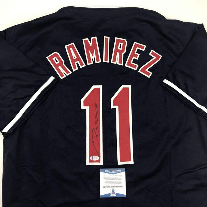 Autographed/Signed JOSE RAMIREZ Cleveland Blue Baseball Jersey Beckett BAS COA