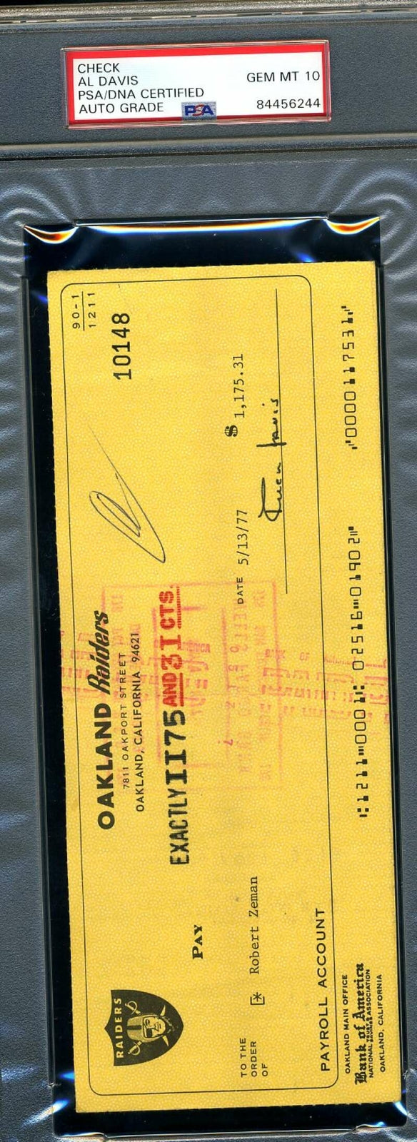 Al Davis Gem Mint 10 PSA DNA Signed 1977 Raiders Check Autograph
