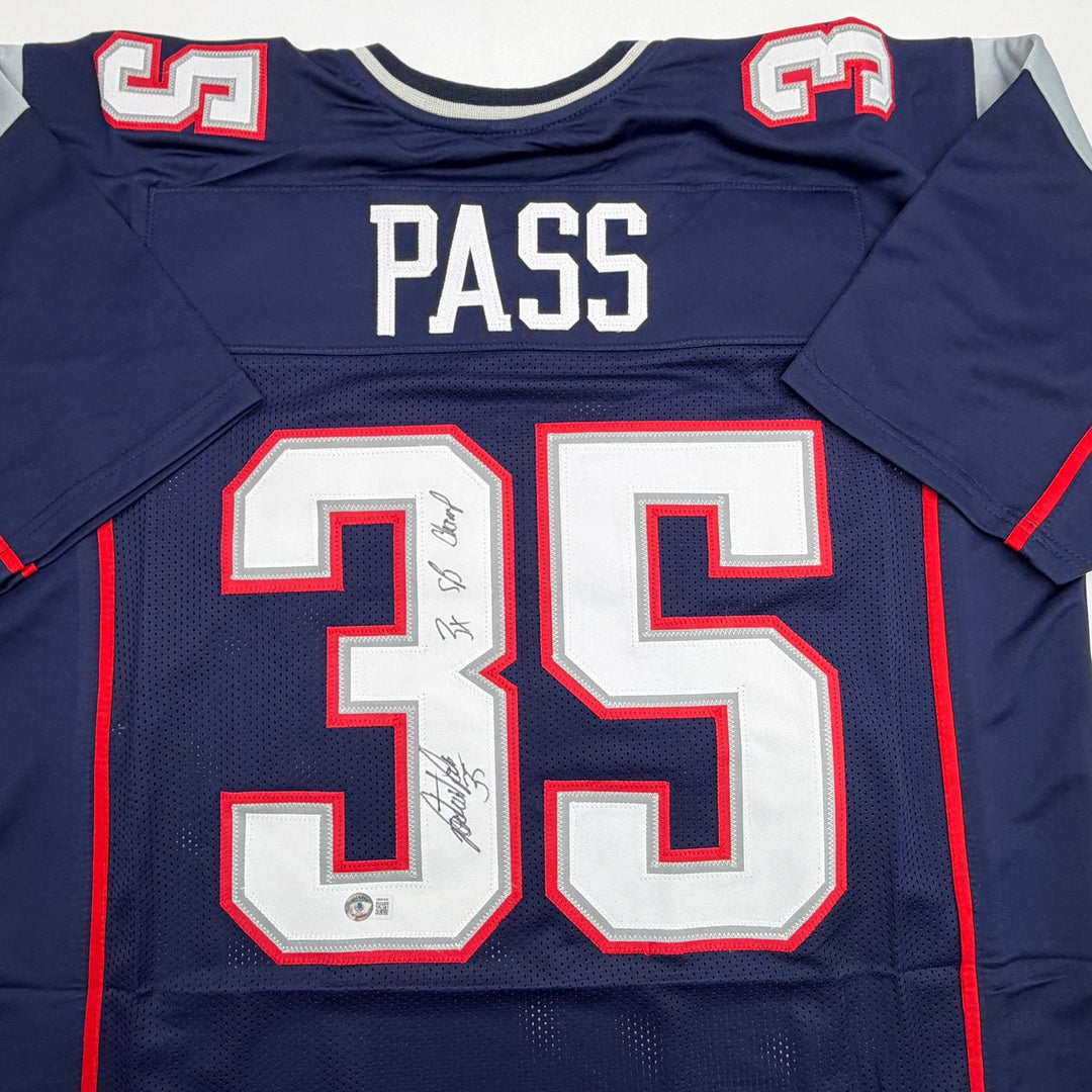 Autographed/Signed Patrick Pass 3x SB Champ New England Blue Jersey Beckett COA