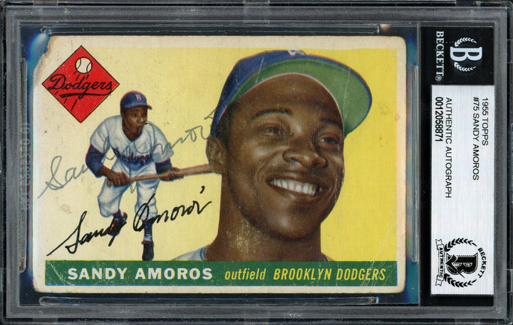 Sandy Amoros Signed 1955 Topps Rookie Card #75 Brooklyn Dodgers Beckett