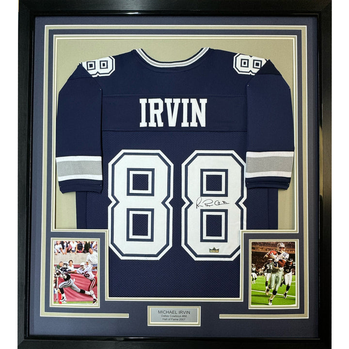 Framed Facsimile Autographed Michael Irvin 33x42 Blue Reprint Laser Auto Jersey