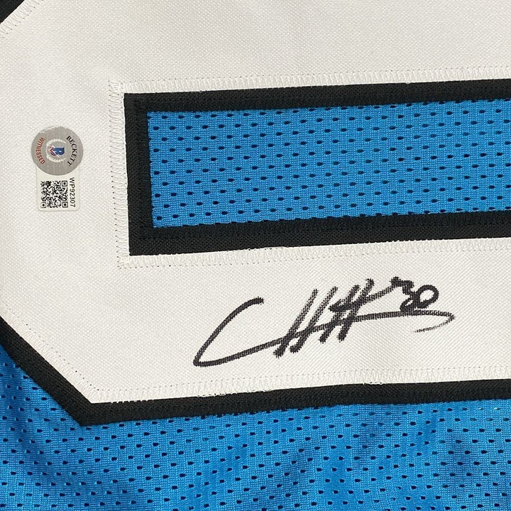 FRAMED Autographed/Signed Chuba Hubbard 35x39 Carolina Blue Jersey BAS COA