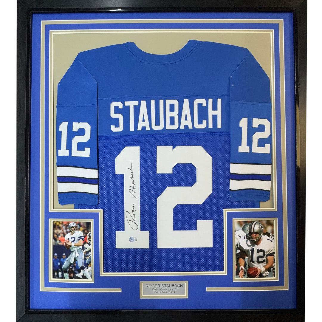 Framed Autographed/Signed Roger Staubach 35x39 Dallas Blue Jersey BAS COA