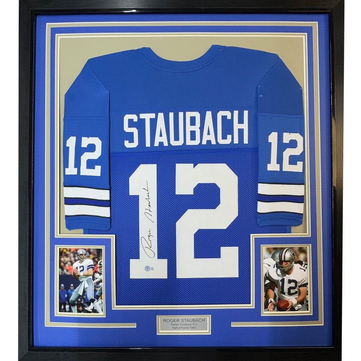 Framed Autographed/Signed Roger Staubach 35x39 Dallas Blue Jersey BAS COA