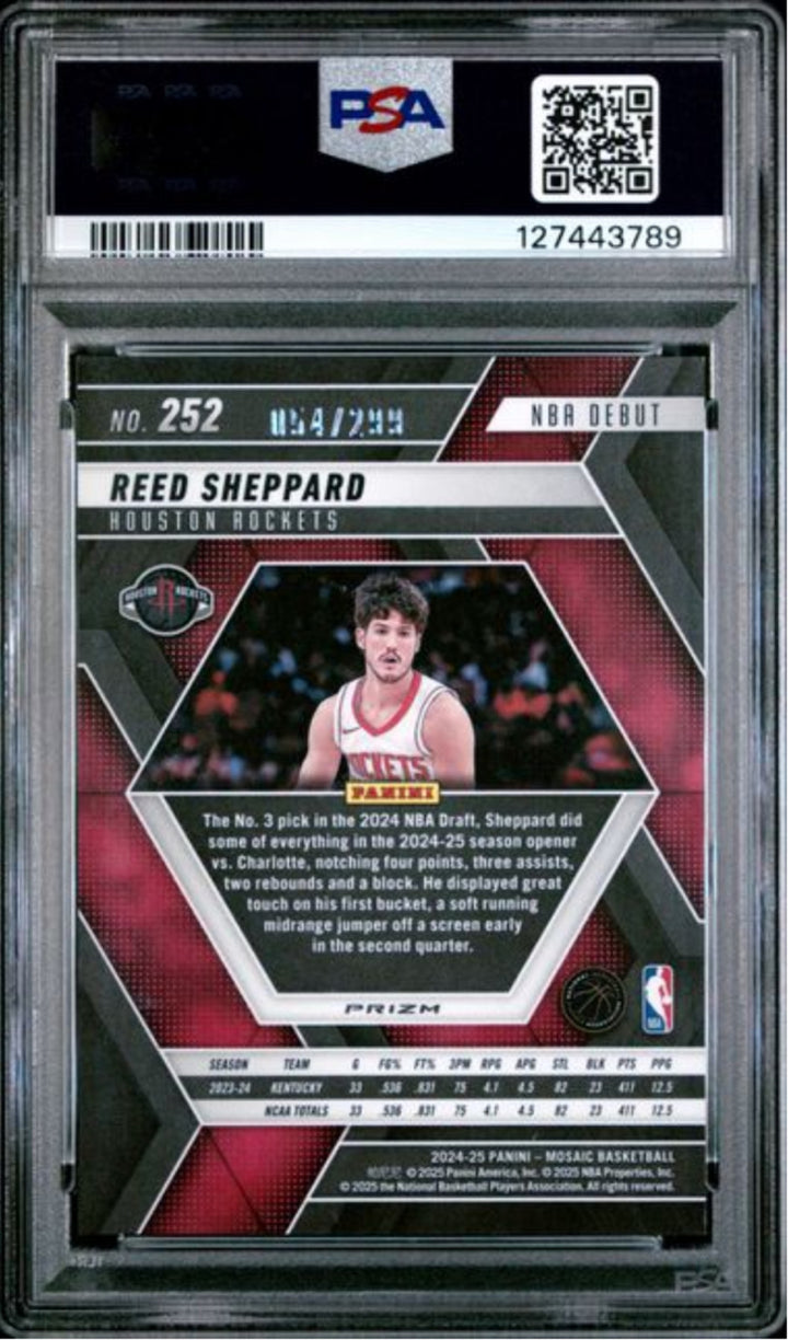 Graded 2024 Panini Mosaic Reed Sheppard #252 Red Seismic /299 Rookie Card PSA 10