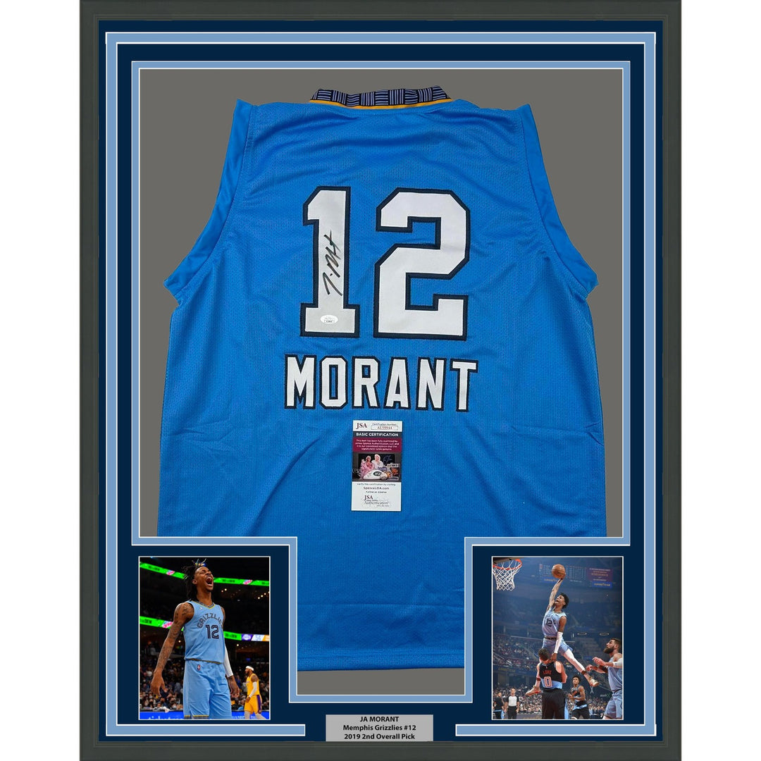 Framed Autographed/Signed Ja Morant 35x39 Memphis Light Blue Jersey JSA COA