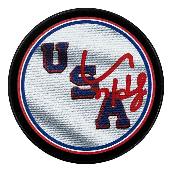 Connor Hellebyuck Signed USA Hockey Logo Puck Fanatics