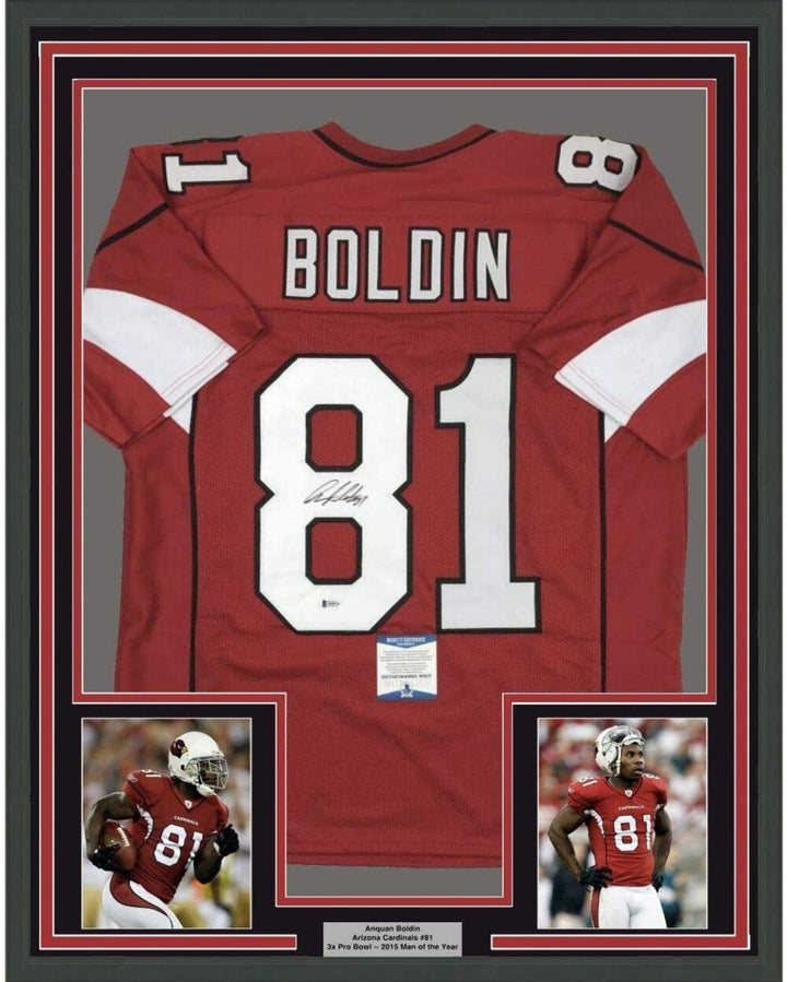 FRAMED Autographed/Signed ANQUAN BOLDIN 33x42 Arizona Red Jersey Beckett BAS COA