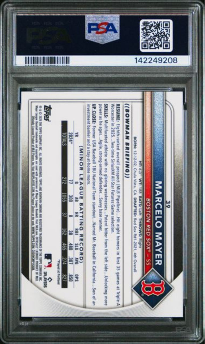 Graded 2025 Bowman Chrome Marcelo Mayer #39 Purple Geometric /250 RC Card PSA 10