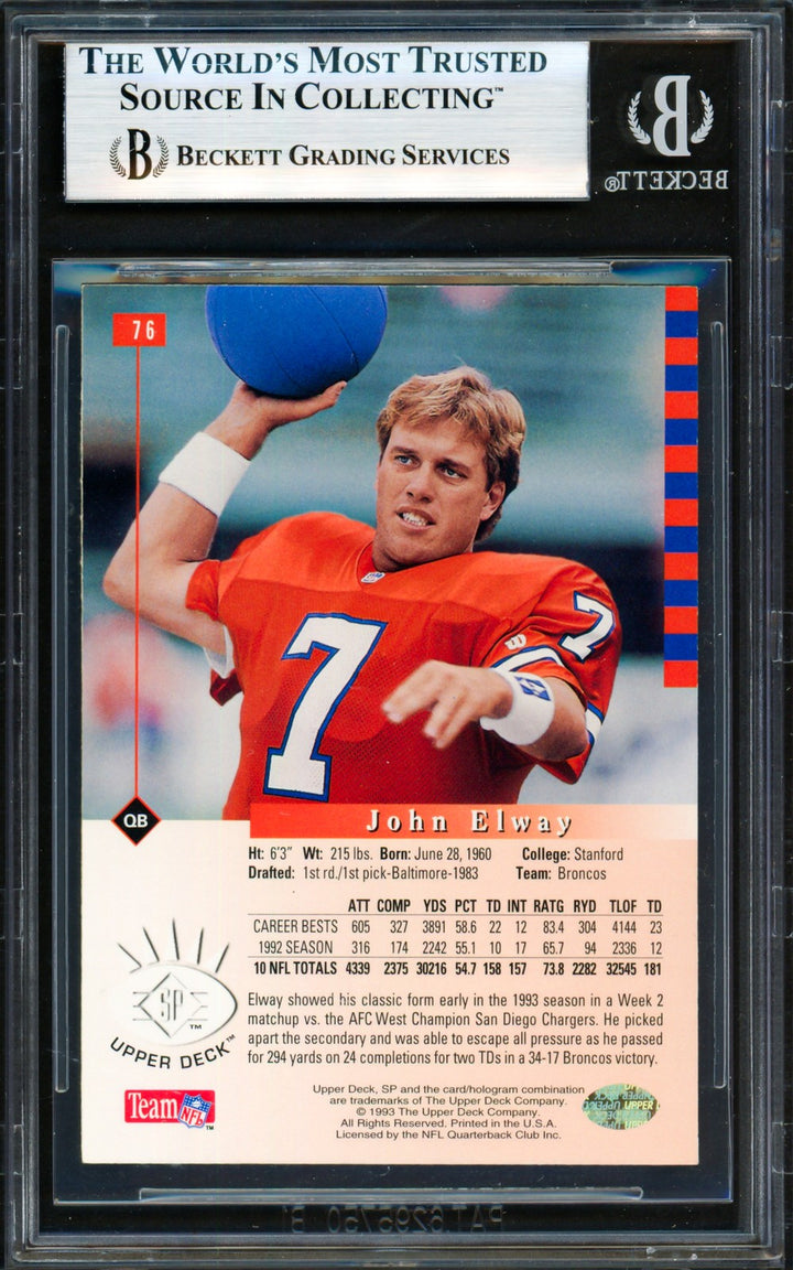 John Elway Signed 1993 Stadium Club Card #70 Denver Broncos Beckett #19957994