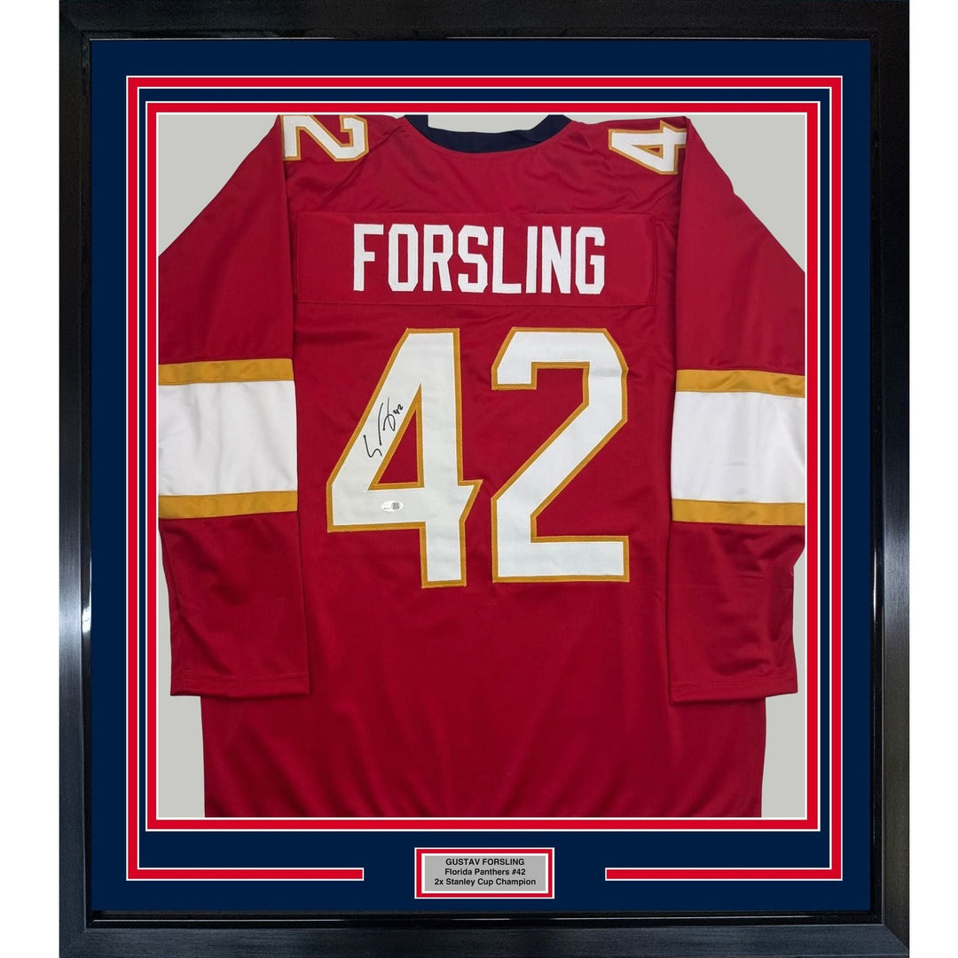 Framed Autographed/Signed Gustav Forsling 35x39 Florida Red Jersey JSA COA