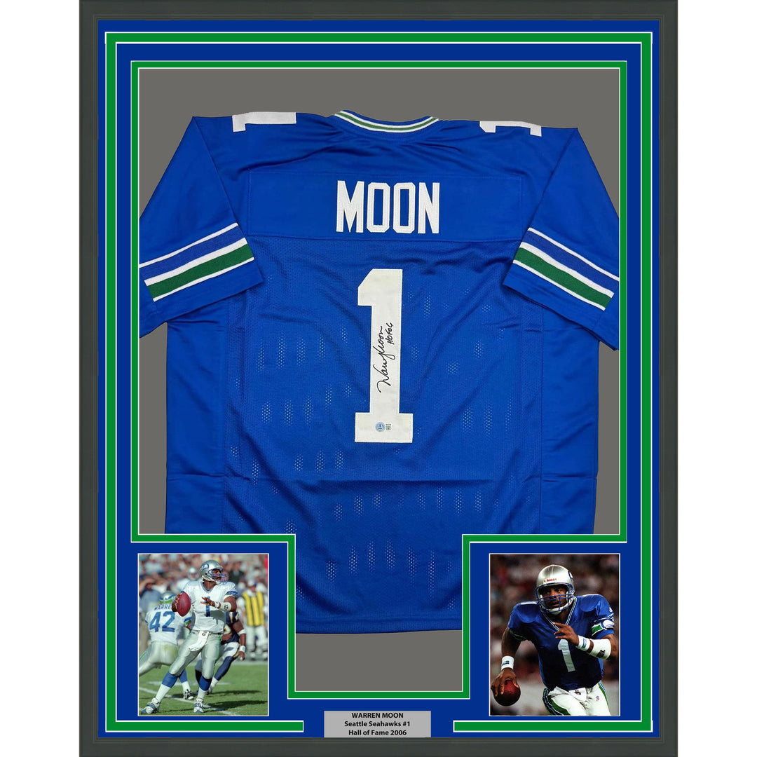 Framed Autographed/Signed Warren Moon 35x39 Seattle Blue Jersey Beckett BAS COA