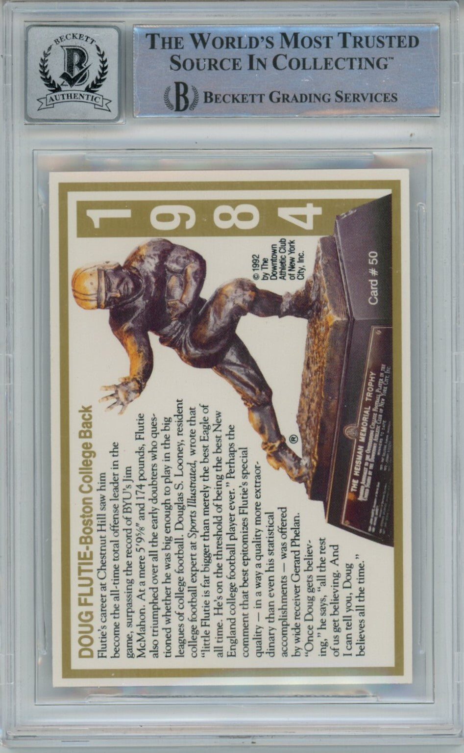 Doug Flutie Signed Boston College 1992 Heisman #50 Beckett Auto 10 40719