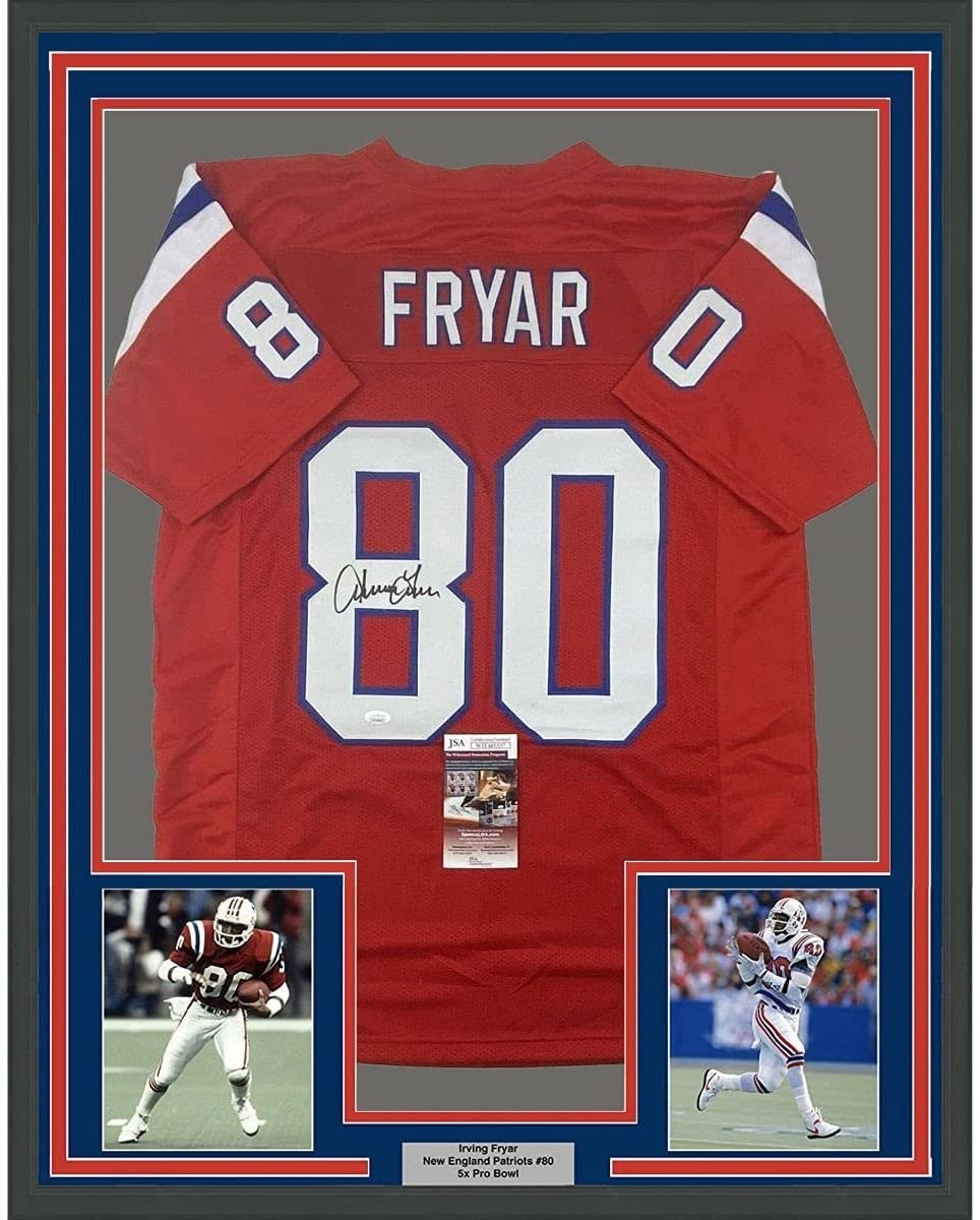 FRAMED Autographed/Signed IRVING FRYAR 33x42 New England Red Jersey JSA COA