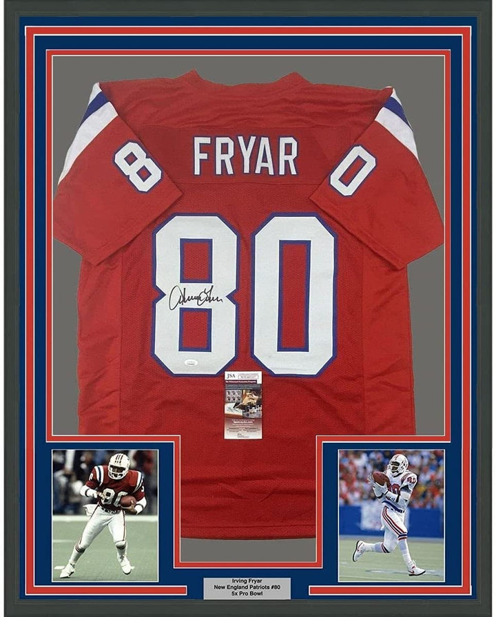 FRAMED Autographed/Signed IRVING FRYAR 33x42 New England Red Jersey JSA COA