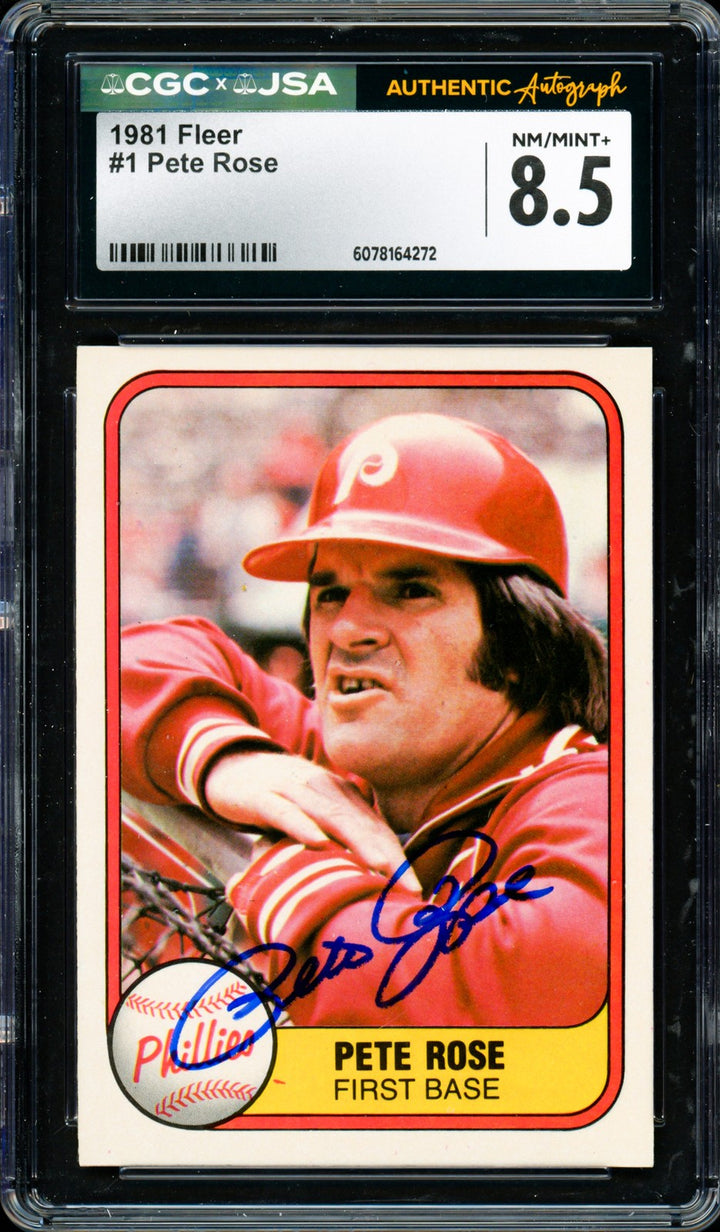Pete Rose Signed 1981 Fleer Card 1 Phillies Card 8.5 CGC x JSA