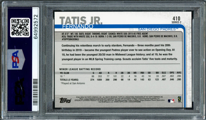 Fernando Tatis Jr. Auto Signed 2019 Topps RC 410 Padres PSA 8 Auto GM 10 PSA/DNA