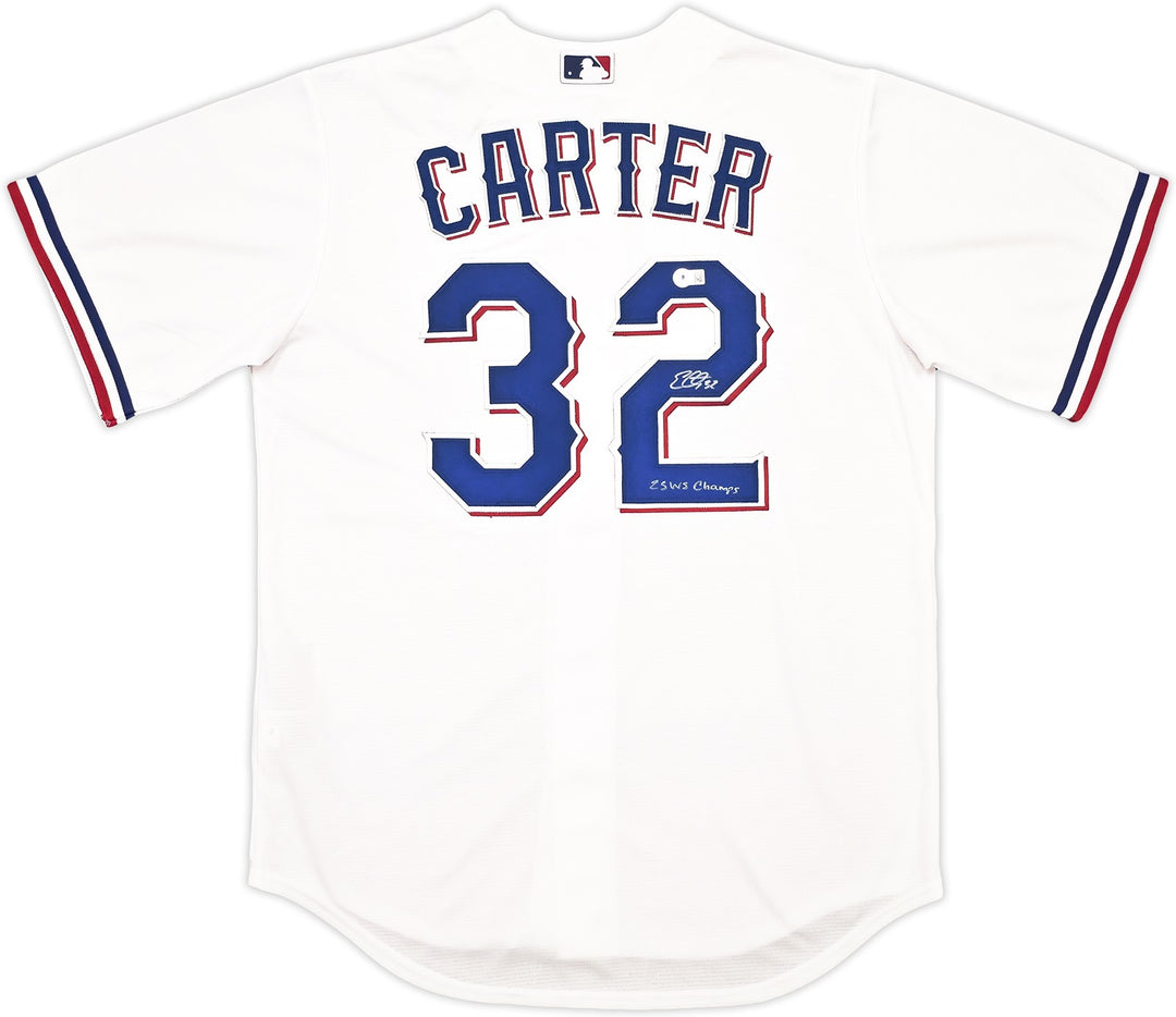 Rangers Evan Carter Signed White Nike Jersey Size M "23 WS Champs" Beckett Wit