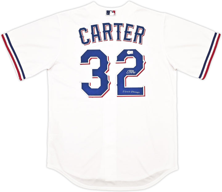 Rangers Evan Carter Signed White Nike Jersey Size M "23 WS Champs" Beckett Wit
