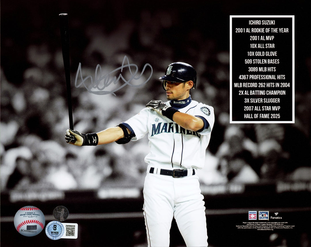 Ichiro Suzuki Signed 8x10 Photo Seattle Mariners Stats IS Holo & Beckett Witness