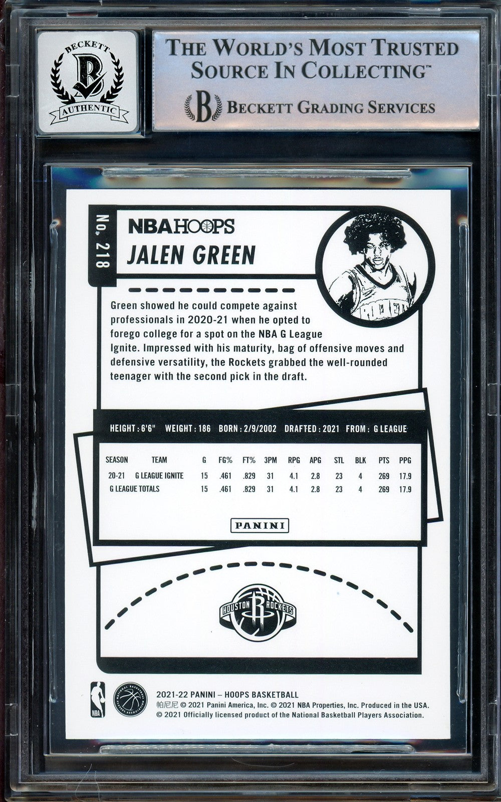 Jalen Green Signed 2021-22 NBA Hoops Purple RC 218 Rockets Auto GM 10 Beckett