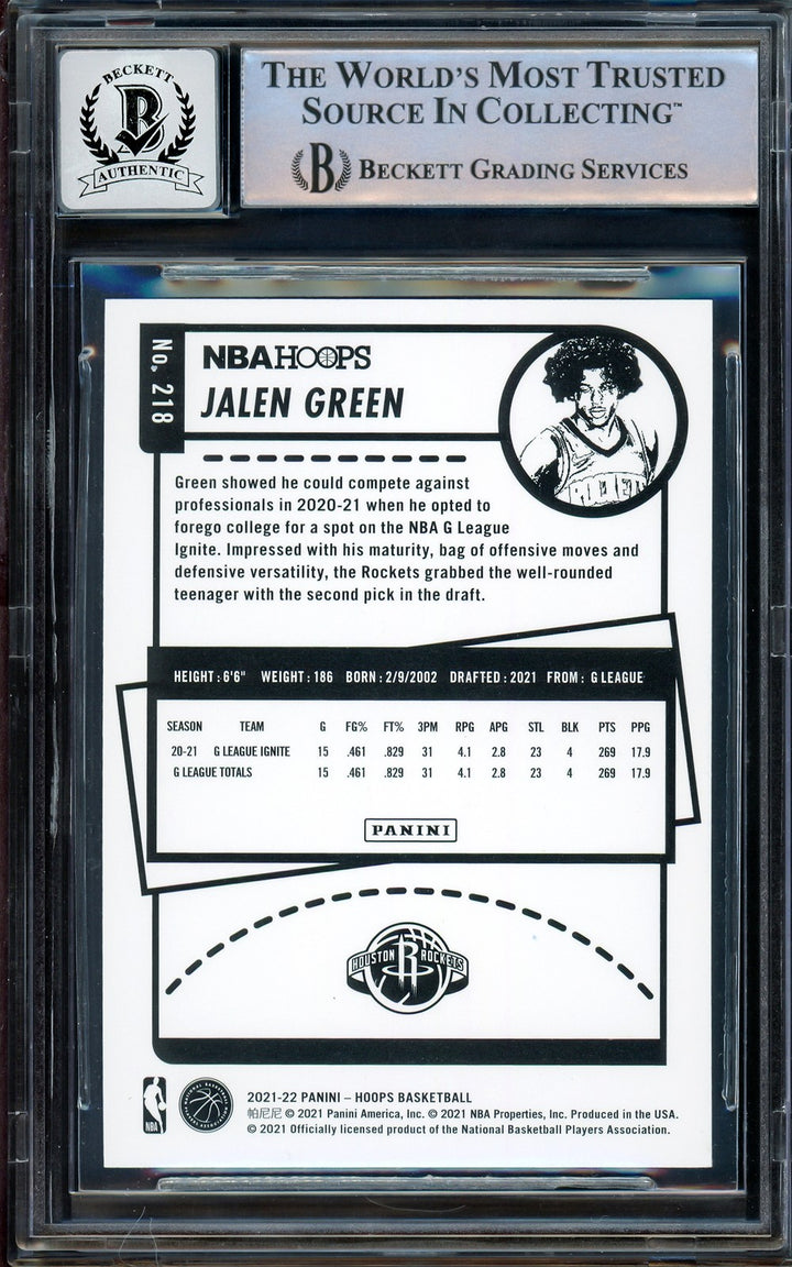 Jalen Green Signed 2021-22 NBA Hoops Purple RC 218 Rockets Auto GM 10 Beckett