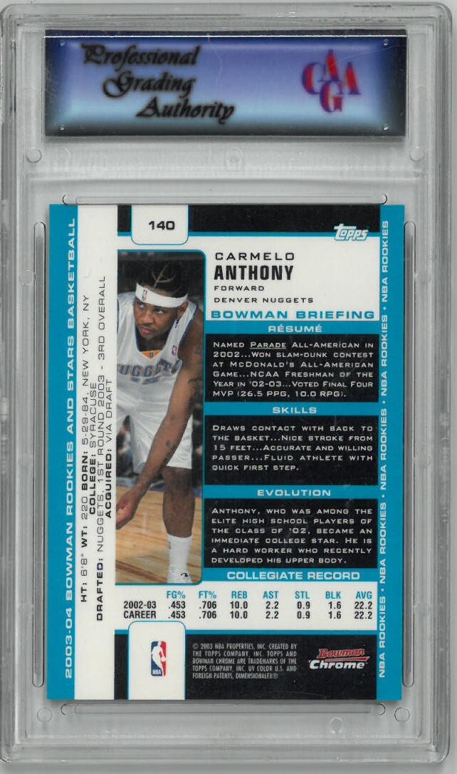 Carmelo Anthony 2003-04 Bowman Chrome Rookie Card (RC) PGA Graded 10 Gem Mint