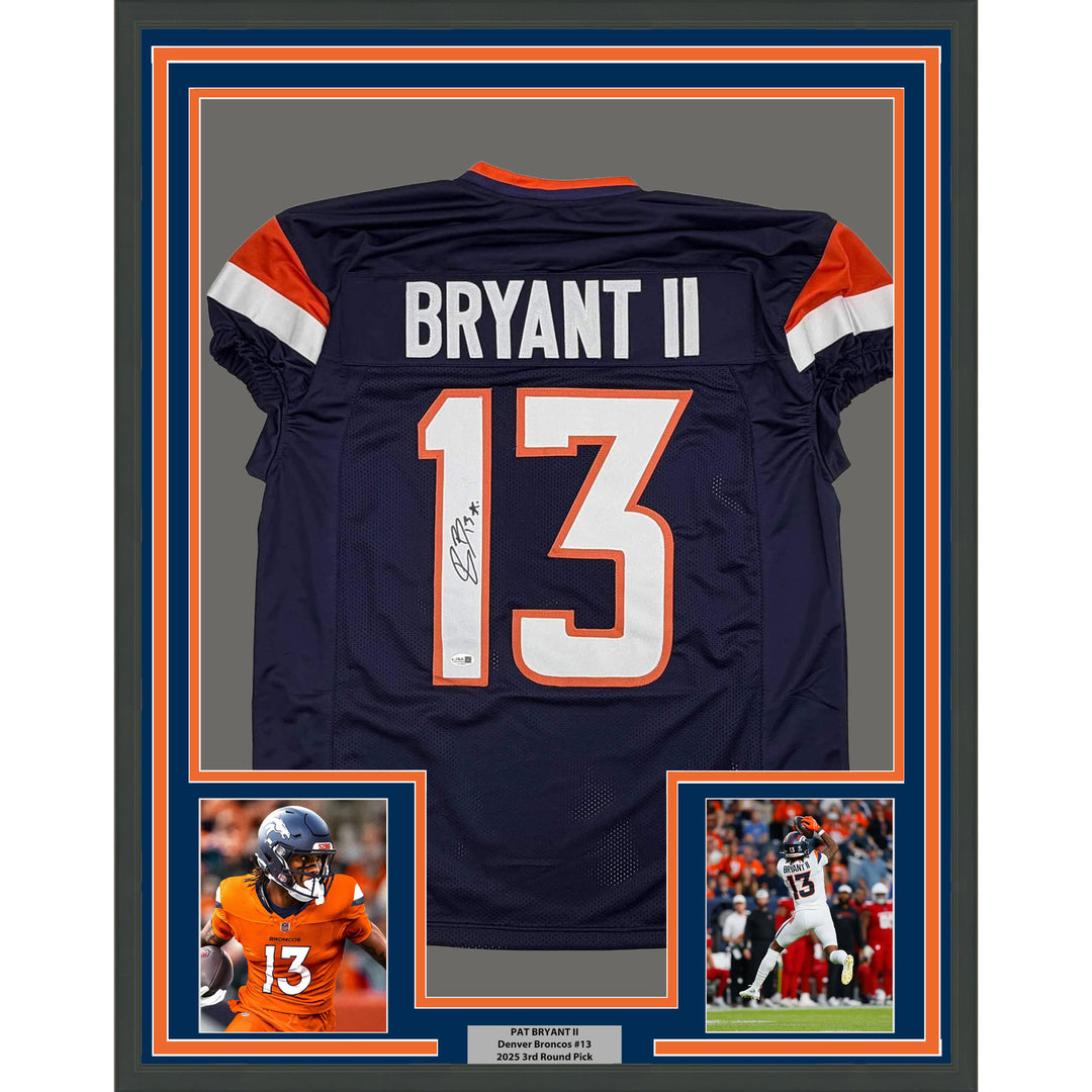 Framed Autographed/Signed Pat Bryant II 35x39 Denver Blue Pro Cut Jersey JSA COA