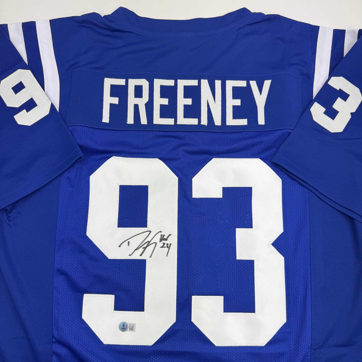 Autographed/Signed DWIGHT FREENEY Indianapolis Blue Football Jersey JSA COA Auto