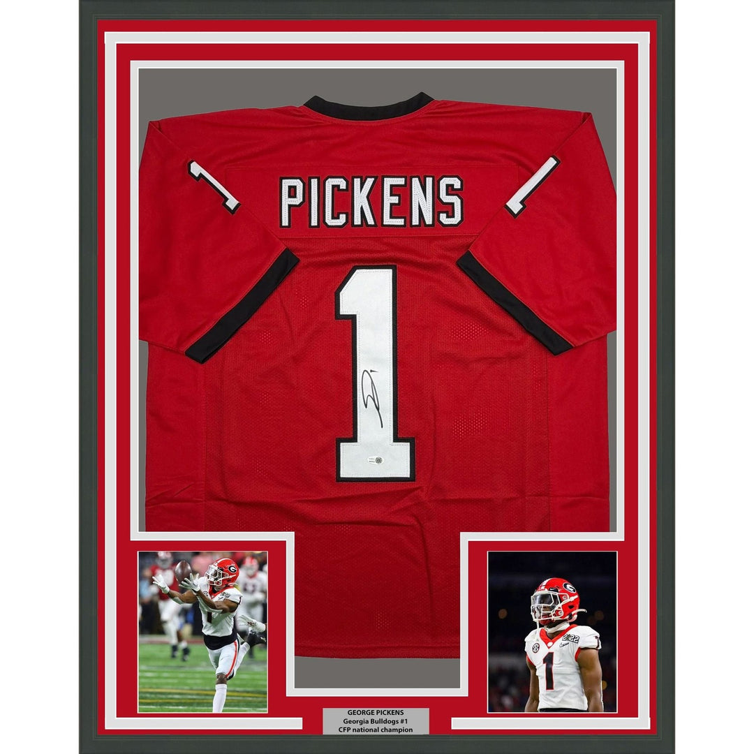 Framed Autographed/Signed George Pickens 35x39 Georgia Red Jersey JSA COA