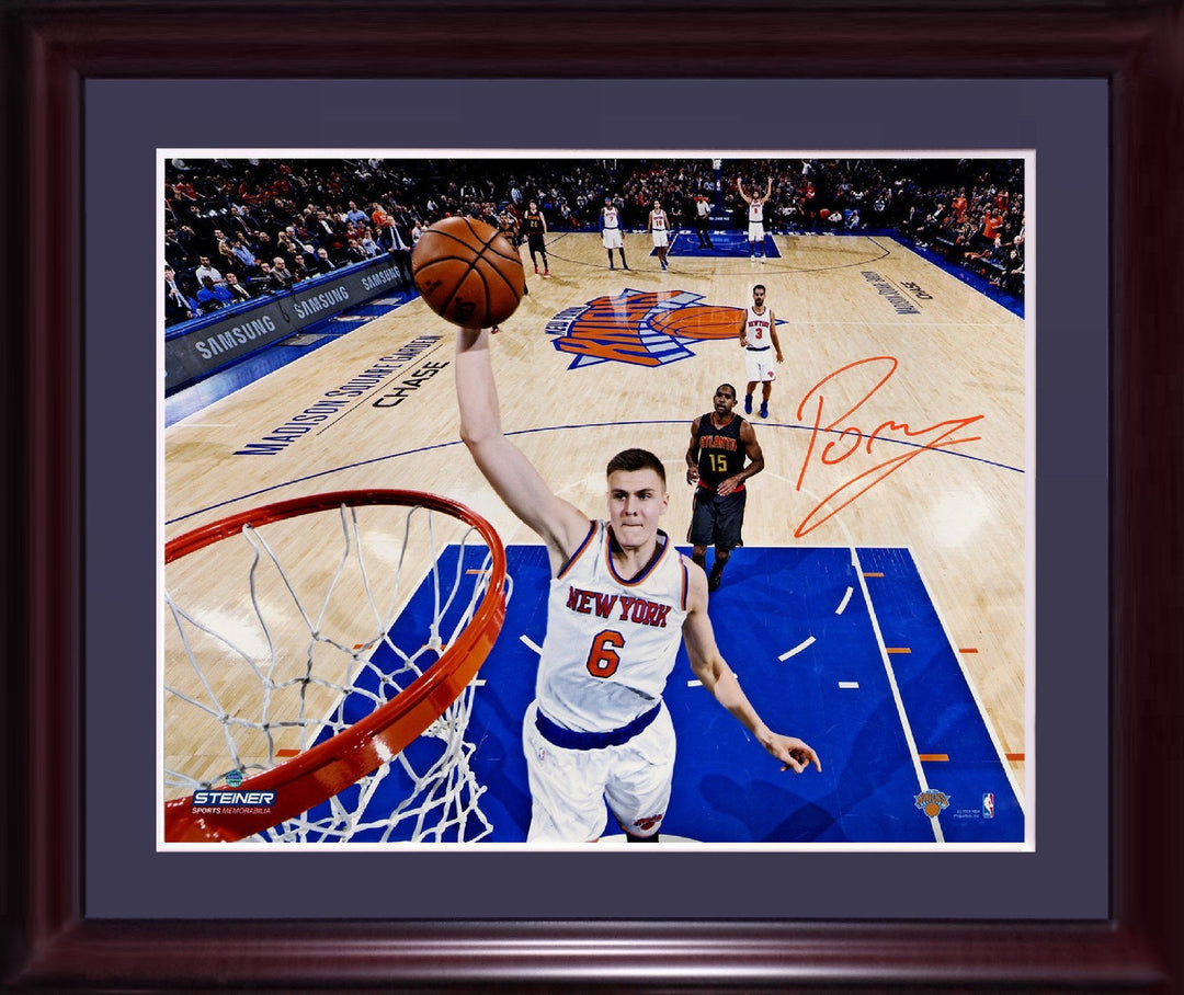 Kristaps Porzingis Knicks signed 16x20 dunk photo framed orange auto Steiner Coa
