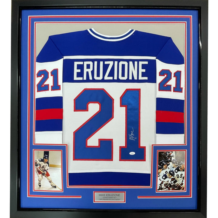 Framed Signed Mike Eruzione 35x39 White 1980 Miracle Jersey JSA COA