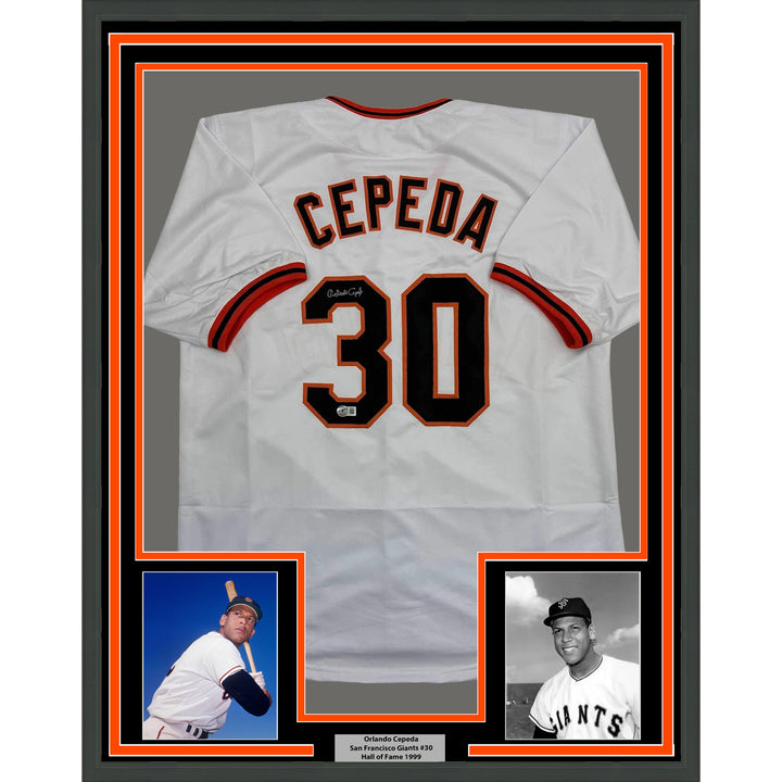 Framed Autographed/Signed Orlando Cepeda 35x39 SF White Jersey Beckett BAS COA