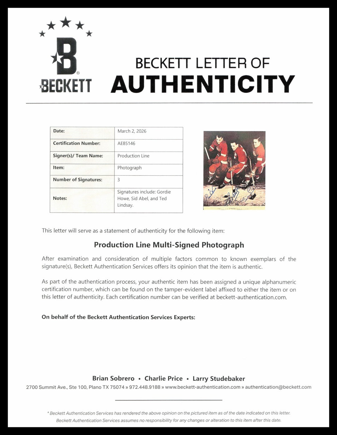Gordie Howe, Sid Abel & Ted Lindsay Signed 8x10 Photo Production Line Beckett