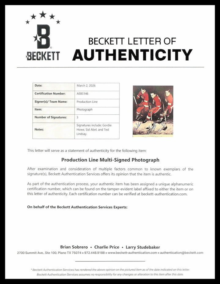 Gordie Howe, Sid Abel & Ted Lindsay Signed 8x10 Photo Production Line Beckett