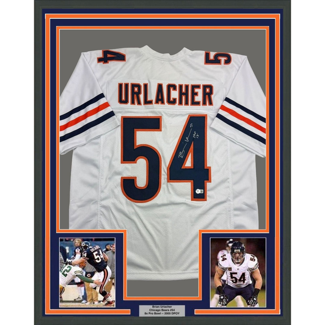 Framed Autographed/Signed Brian Urlacher 35x39 Chicago White Jersey BAS COA