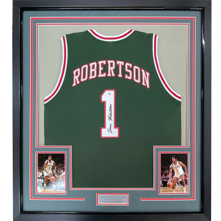 Framed Signed Oscar Robertson 35x39 Milwaukee Green Jersey PSA COA