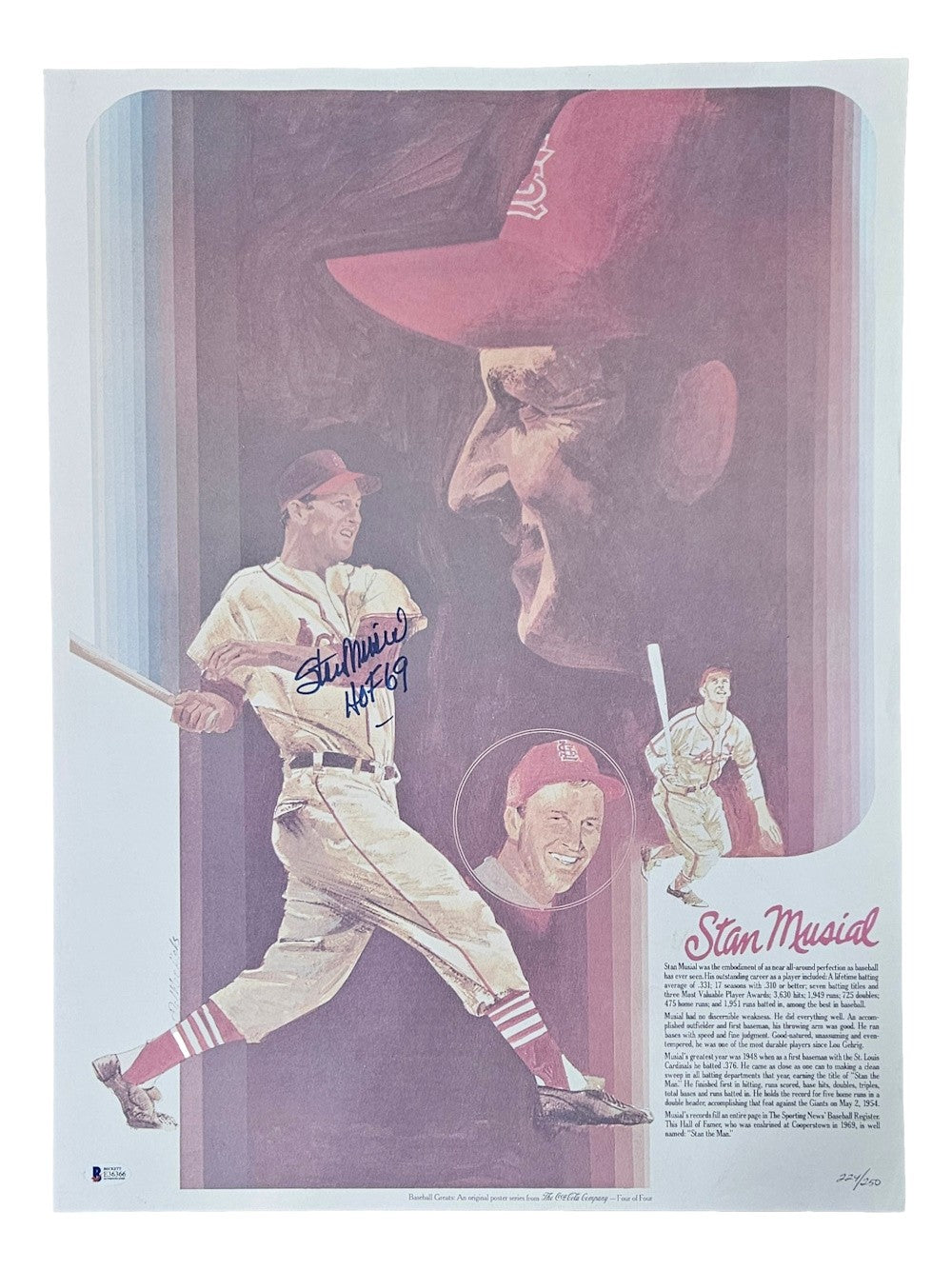 Stan Musial Signed 18x24 St. Louis Cardinals Lithograph HOF 69 Inscribed BAS