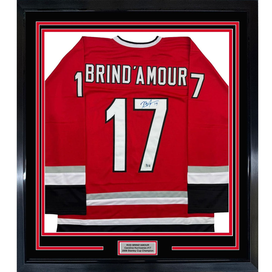 Framed Autographed/Signed Rod Brind'Amour 35x39 Carolina Red Jersey BAS COA