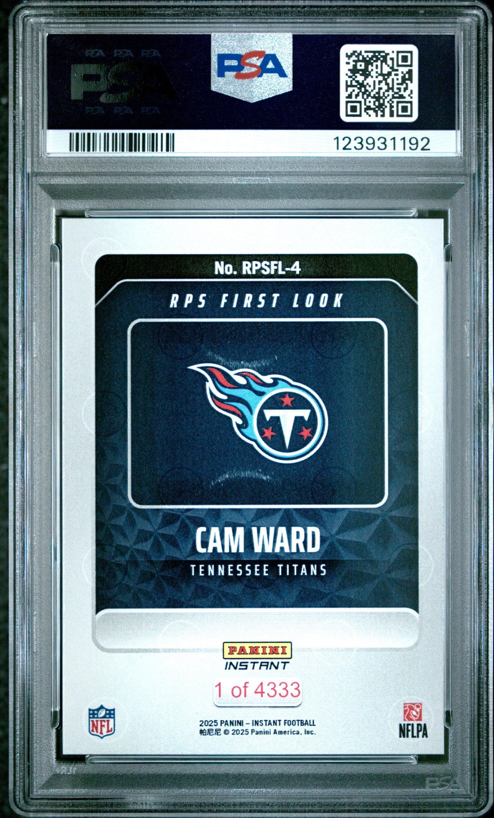 Graded 2025 Panini Cam Ward #RPSFL4 RPS First Look RC Football Card PSA 10