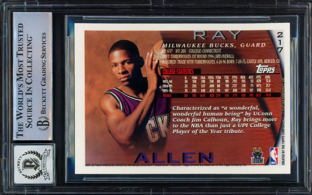Ray Allen Signed 1996 Topps Chrome RC 217 Bucks Auto GM 10 Beckett #16541790