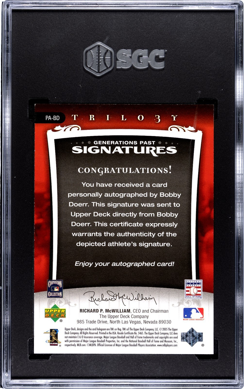 Bobby Doerr signed 2005 UD Trilogy Silver /199- SGC Graded 8.5 NM-MT+/10 Auto