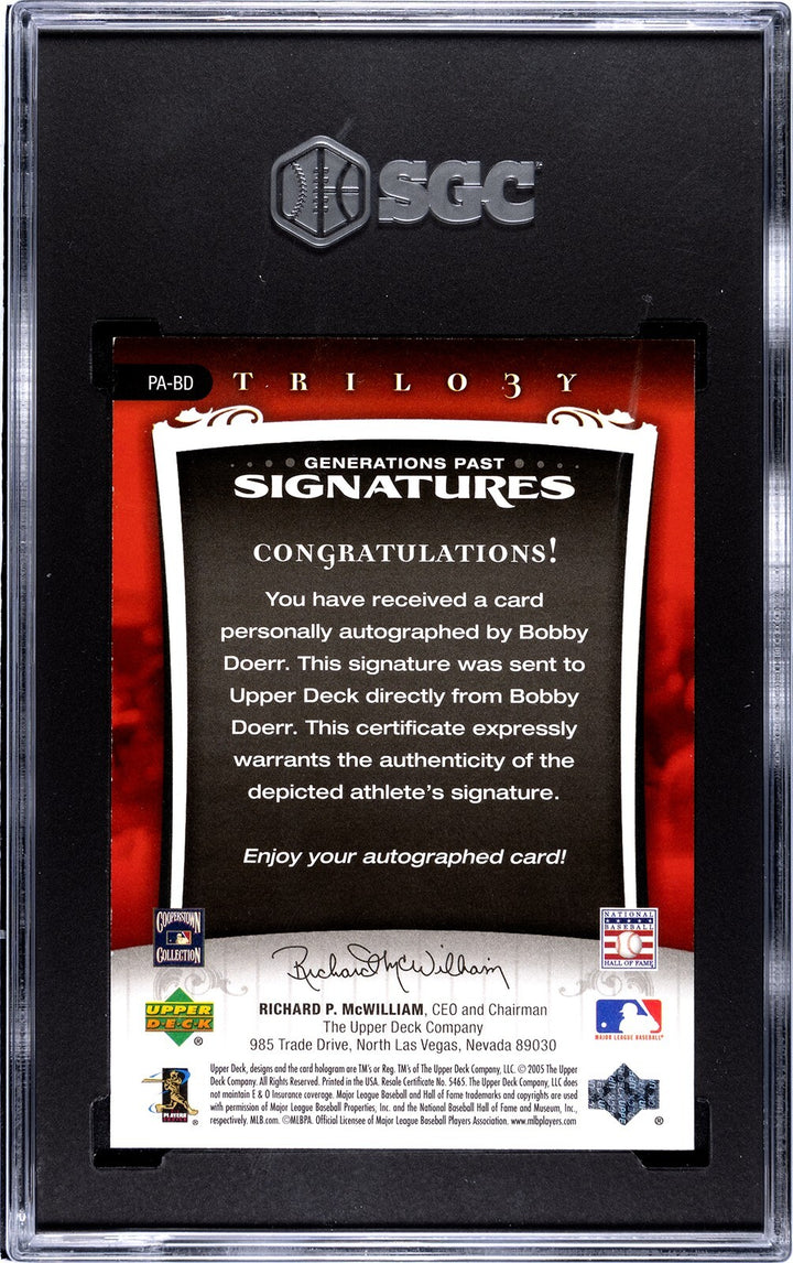 Bobby Doerr signed 2005 UD Trilogy Silver /199- SGC Graded 8.5 NM-MT+/10 Auto