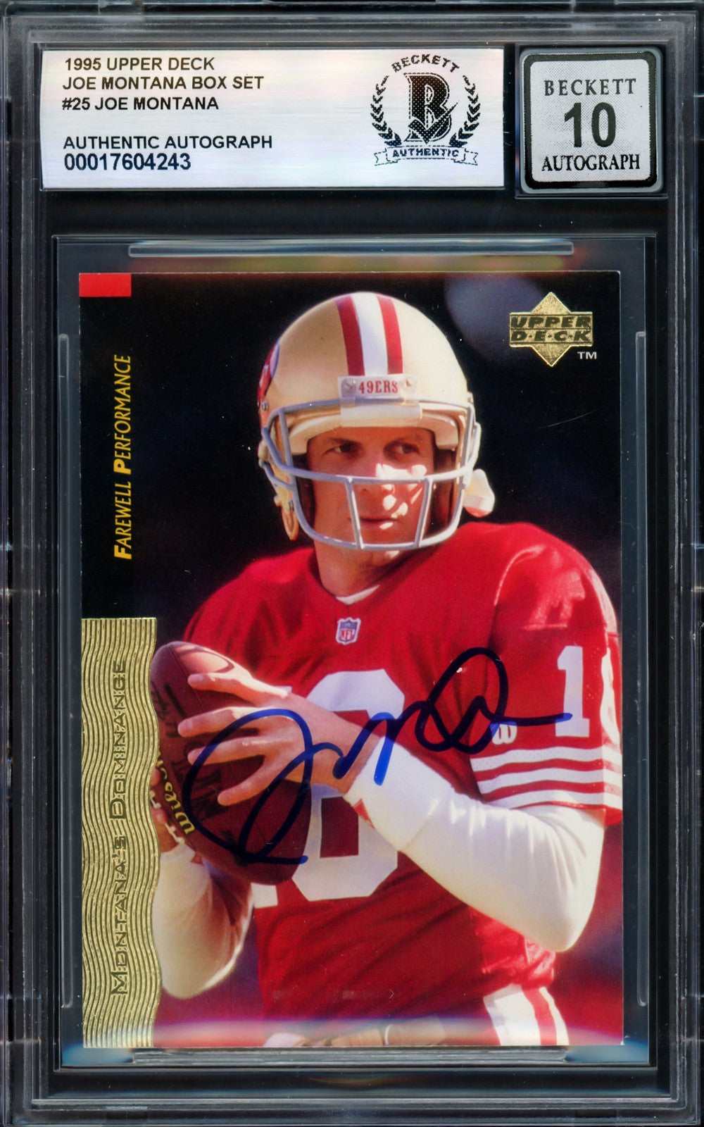 Joe Montana Signed 1995 Upper Deck Card 25 49ers Auto GM 10 Beckett #17604243