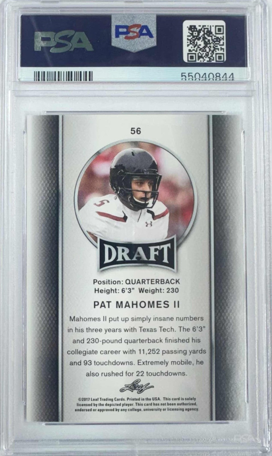 Graded 2017 Leaf Draft PATRICK MAHOMES II #56 Rookie RC Card PSA 10