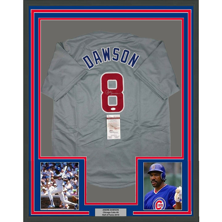 Framed Autographed/Signed Andre Dawson 35x39 Chicago Grey Jersey JSA COA