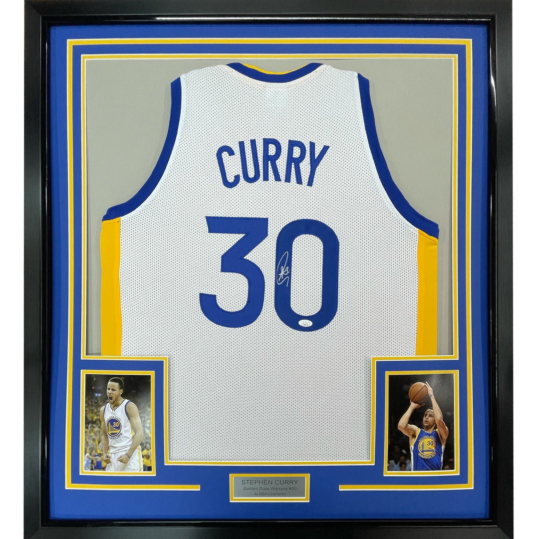 Framed Autographed/Signed Stephen Steph Curry 35x39 White Jersey JSA COA