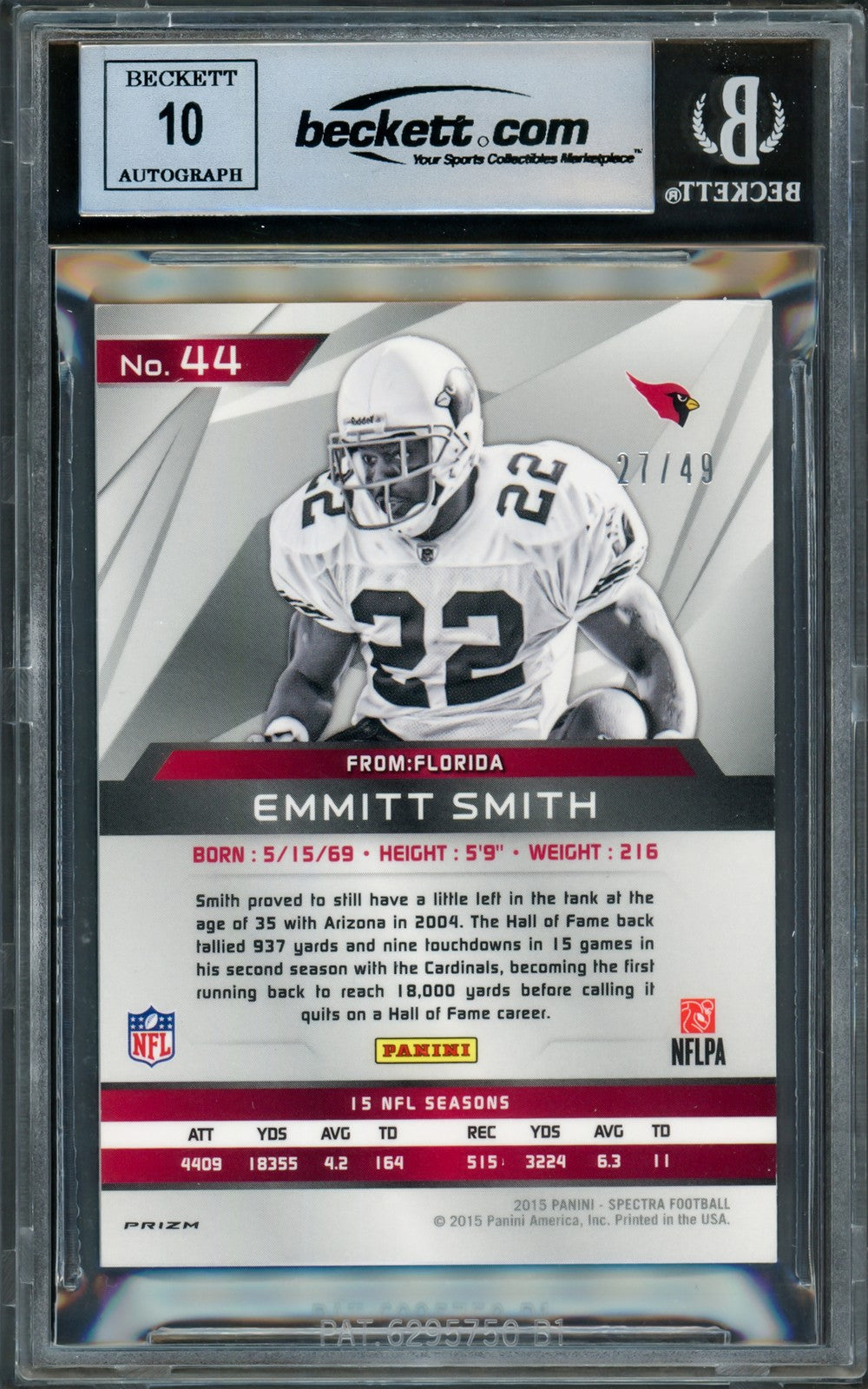 Emmitt Smith Signed 2015 Panini Spectra Neon Blue Card 44A Sig 10 27/49 Beckett
