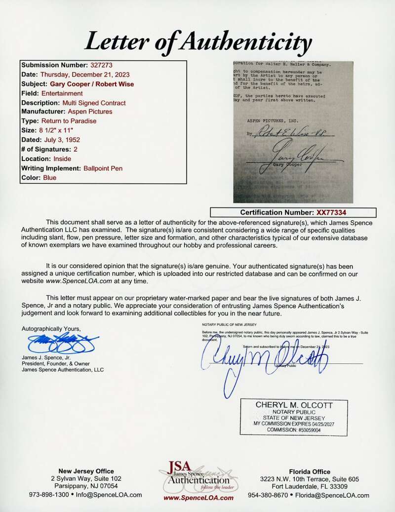 Gary Cooper Robert Wise JSA Signed 1952 Aspen Pictures Return Paradise Contract