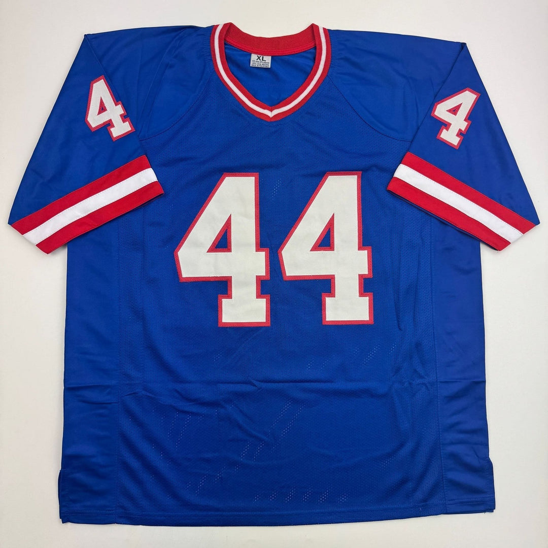 Autographed/Signed Cam Skattebo New York Blue Retro Football Jersey BAS COA